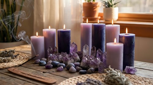 Purple candles with amethyst crystals create peaceful meditation space for spiritual healing and relaxation rituals on wooden table near window.