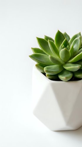 Small green succulent plant in white geometric pot on clean background for home decor and interior design projects.