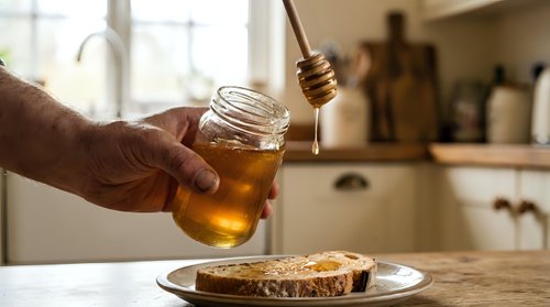 Closeup of male hand drizzling golden honey from wooden dipper onto whole grain toast on plate in bright kitchen, breakfast food preparation and healthy eating concept.