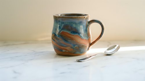 Handcrafted ceramic mug with blue and brown glazed finish on marble surface with silver spoons for coffee tea drinking and kitchen decor.