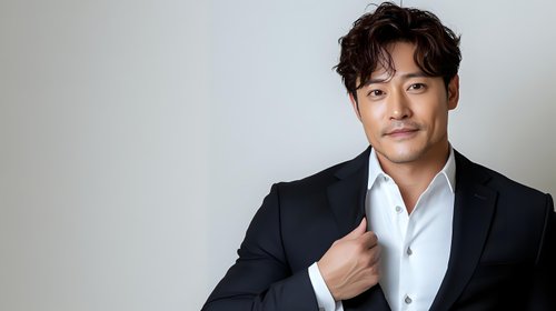 Young Asian male professional in black suit and white shirt against neutral background, confident pose with gentle smile, studio lighting for business portraits.