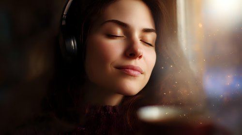 Young woman with closed eyes wearing headphones enjoying music with serene expression on dark background with bokeh lights and warm atmospheric glow.