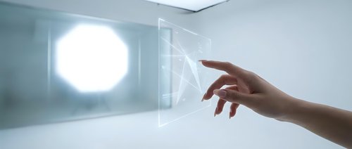 Hand reaching toward glowing holographic interface in futuristic white room with circular light source for technology and innovation concepts.