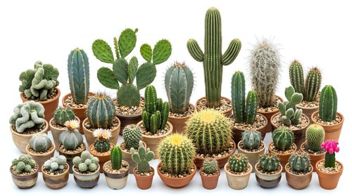 Collection of various cactus and succulent plants in terracotta pots arranged on white background, featuring barrel cacti, prickly pear, columnar species for home decor.