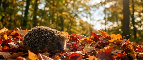 Small hedgehog walking through colorful autumn leaves in forest setting with warm golden sunlight filtering through trees during fall season.