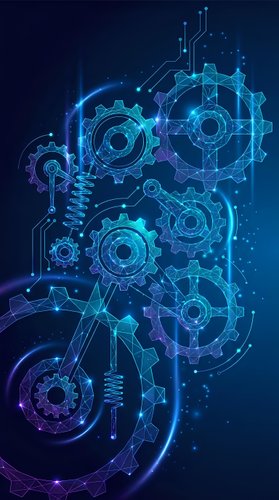 Digital technology gears and circuit board pattern in blue neon light for futuristic engineering and automation concepts on dark background.