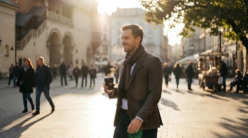 Confident businessman walking on sunny city street holding coffee cup during golden hour with warm sunlight and urban architecture background.
