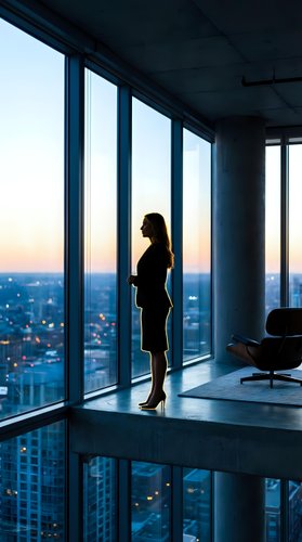 Woman in business attire standing by floor-to-ceiling windows in modern high-rise office, gazing at cityscape at sunset. Corporate workspace concept.
