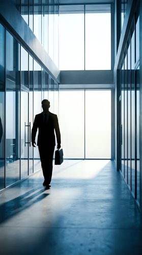 Business professional walking through modern office corridor with briefcase, silhouetted against bright windows in corporate building hallway.