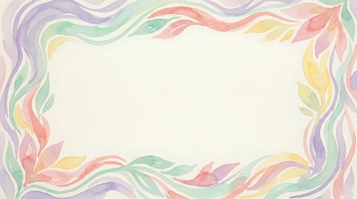 Pastel watercolor frame with flowing ribbons and leaves in soft pink, purple, green and yellow hues on cream background for spring designs.