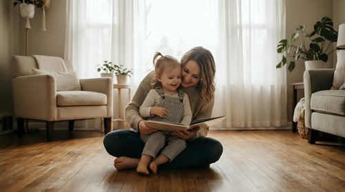 Young Caucasian mother and toddler daughter reading book together on wooden floor in bright living room with natural light from large windows.