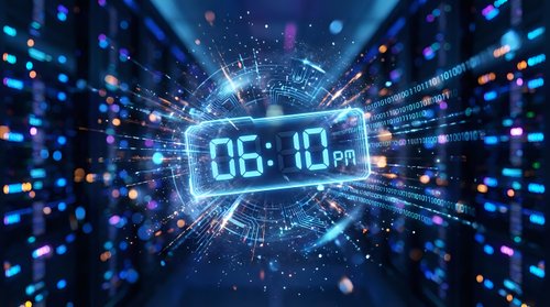 Futuristic digital clock displaying 06:10 PM surrounded by glowing blue light rays and data streams in cyberpunk style for tech presentations.
