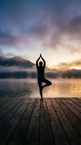 Woman silhouette practicing tree pose yoga on wooden dock at misty mountain lake during dramatic sunrise, promoting wellness and mindfulness.