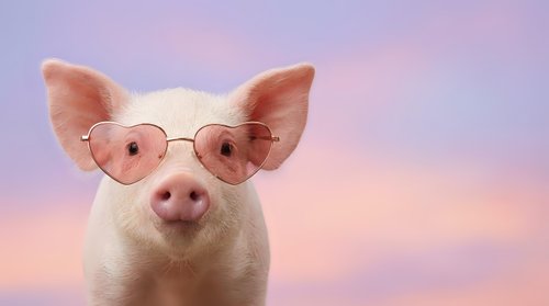 Adorable pig wearing heart-shaped sunglasses against soft pink purple gradient background. Cute farm animal portrait for greeting cards and designs.
