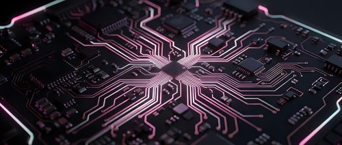 Futuristic circuit board with glowing pink neon pathways and electronic components on dark background for technology and computing concepts.