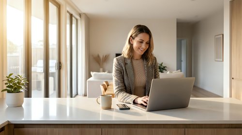 Young professional woman working on laptop at modern office desk with coffee cup, smiling while typing in bright workspace with large windows and natural light.