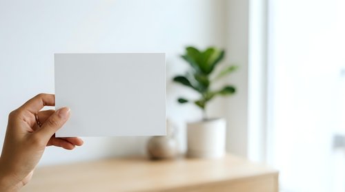 Woman with medium skin tone holding blank white card in modern office workspace with potted plant, suitable for business messaging, branding, and corporate communication projects.