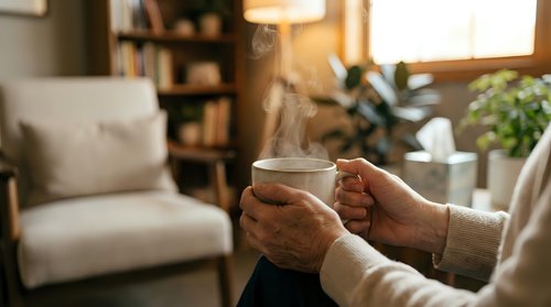 Woman hands holding warm coffee mug in cozy living room with bookshelf and plants creating peaceful morning atmosphere for relaxation and comfort at home.