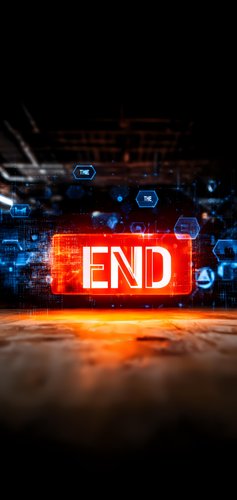 Glowing red end sign with futuristic hexagonal elements and digital artifacts against dark background, dramatic lighting creates mysterious atmosphere for technology concepts.