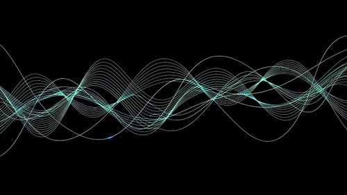 Abstract flowing wave lines in cyan and green creating dynamic energy patterns on black background for modern digital design projects.