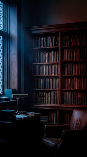 Dark moody home library with wooden bookshelves full of antique books, leather armchair, and vintage desk lamp by a window.