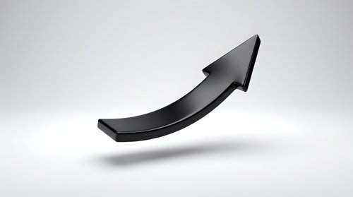 Black curved arrow pointing upward on white background, symbolizing growth, progress, and success in business and finance concepts.