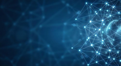 Abstract blue technology background with glowing network connections and geometric lines for digital innovation and data visualization concepts.