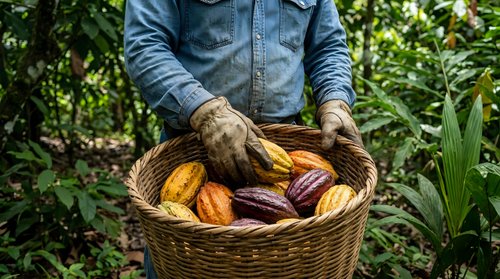 Farmer holding wicker basket filled with fresh colorful cacao pods in tropical plantation. Sustainable agriculture and organic cocoa bean harvest concept.