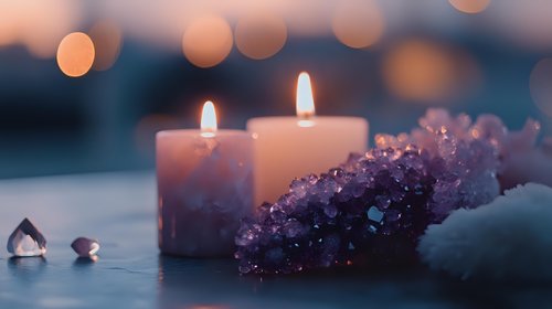 Glowing candles alongside raw amethyst crystal clusters create serene atmosphere with soft bokeh lights in background, perfect for meditation and spiritual practices.
