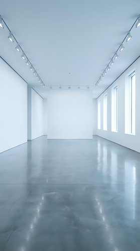 Empty white gallery room with polished concrete floor and track lighting system for art exhibitions and contemporary displays.