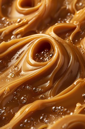 Swirling caramel sauce with tiny bubbles in macro shot showing smooth, glossy texture and flowing curves of sweet dessert topping for food photography.