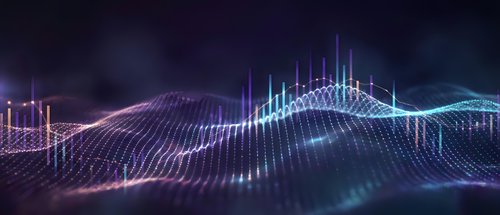 Digital wave particles flowing in abstract cyber space with glowing neon lights creating futuristic data visualization for technology and science concepts.
