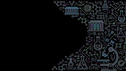 Digital circuit board pattern with electronic components and microchips on black background for technology design projects.