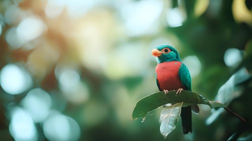 Vibrant teal and coral-colored tropical bird perched on green leaf against soft bokeh background, displaying natural wildlife in lush forest setting.