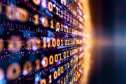 Binary code data stream with glowing numbers in blue and orange colors against dark background, digital technology concept for cybersecurity and programming.