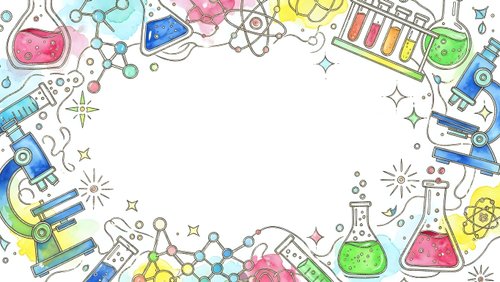 Science laboratory equipment frame with colorful beakers, microscopes and test tubes on white background for educational materials and research presentations.
