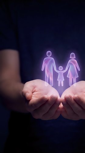 Hands holding glowing family silhouettes representing protection, care and insurance coverage for loved ones in dark blue background.