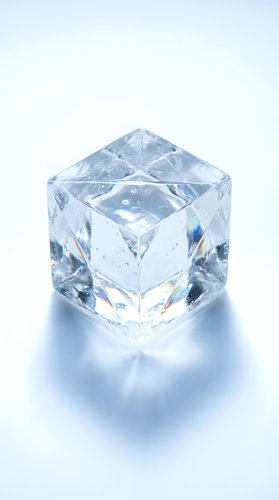 Crystal clear glass cube with geometric facets reflecting light on white background for luxury design and modern decor projects.