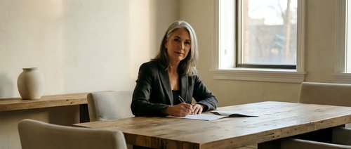 Professional blonde businesswoman working at wooden desk in modern office space with natural lighting and minimalist decor for corporate presentations.