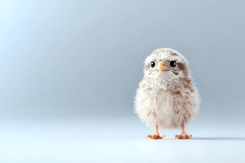 Adorable fluffy baby owl with big expressive eyes standing on light background. Isolated character for greeting cards and children designs.