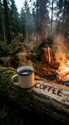Steaming enamel mug on a mossy log with coffee carved in wood, campfire and forest in background, cozy outdoor adventure mood.