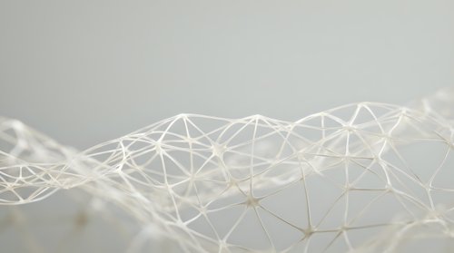 Abstract white geometric network with glowing nodes and connecting lines on light background for technology and digital communication concepts.