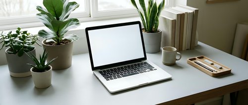 Laptop with blank screen on white desk surrounded by potted plants, books, and office supplies in bright workspace for business, technology, and productivity design projects.