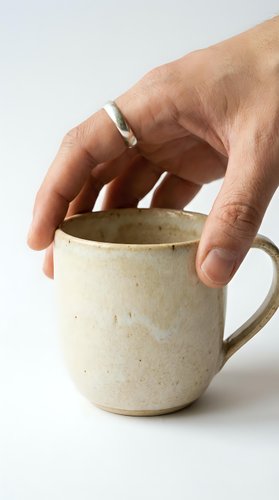 Hand with silver ring holding a rustic handmade ceramic mug with speckled glaze on white background, artisan pottery concept.