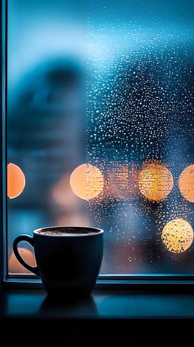 Steaming coffee cup on windowsill with raindrops and warm bokeh lights creating cozy atmosphere for relaxation and comfort concepts.