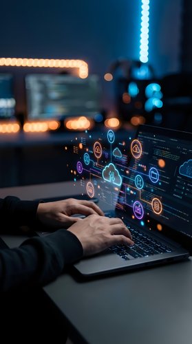 Businessman hands typing on laptop with glowing digital network icons and cloud computing interface in modern office at night for technology concepts.