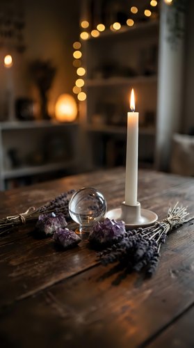 Cozy home interior with burning candle, dried lavender flowers and crystal ball on wooden table with warm bokeh lights creating magical atmosphere.