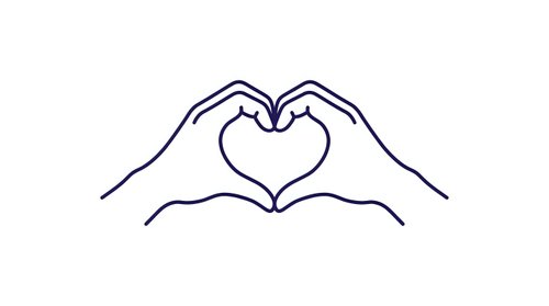 Two hands forming heart shape gesture on white background. Line art style symbol of love, care, unity and compassion for romantic and wellness designs.