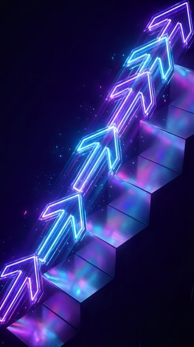 Neon glowing arrows ascending futuristic stairs on dark background, symbolizing growth, progress, and success in business or technology concepts.