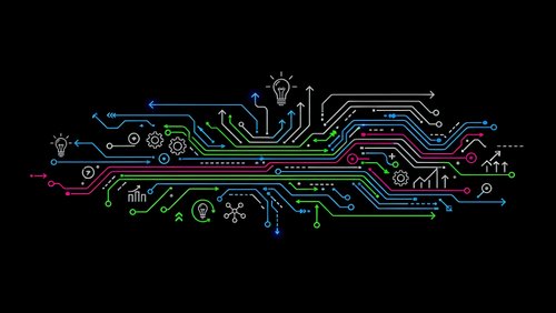 Digital circuit board pattern with colorful electronic pathways and tech symbols on black background for modern technology designs.